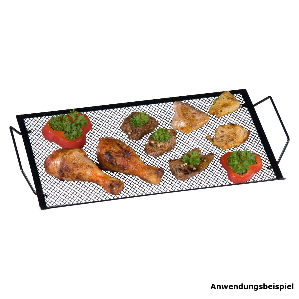 BBQ-Grilltablett feinmaschig aus schwarzem Eisen mit Tragegriffen image number 1