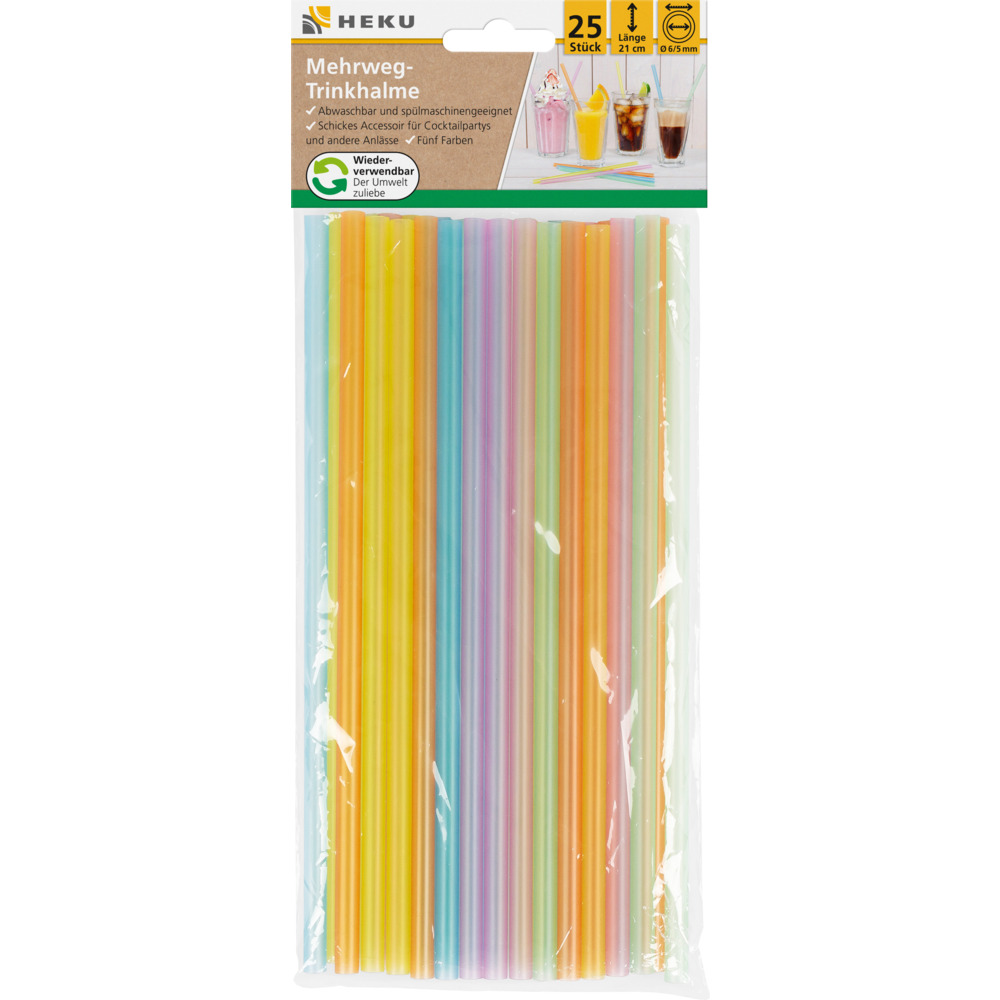 Mehrweg-Trinkhalme 25 Stück 21 cm Ø 0,6 cm bunt