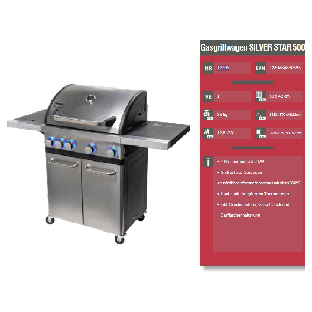 Gasgrillwagen Silver Star 500, 12,8 kW, 130 x 50 x 112 cm image number 2