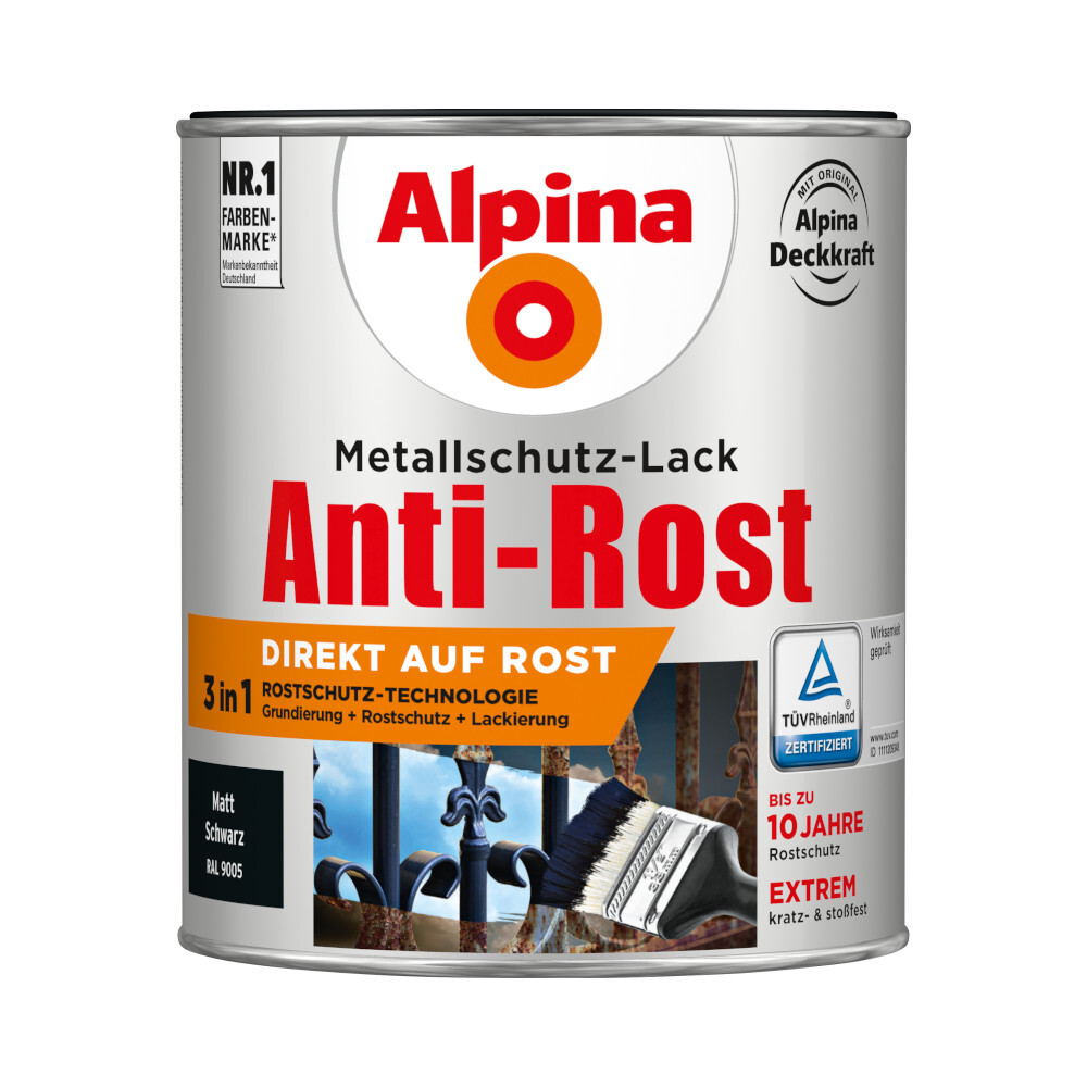 Alpina Metallschutzlack Schwarz matt 750 ml RAL 9005 image number 0
