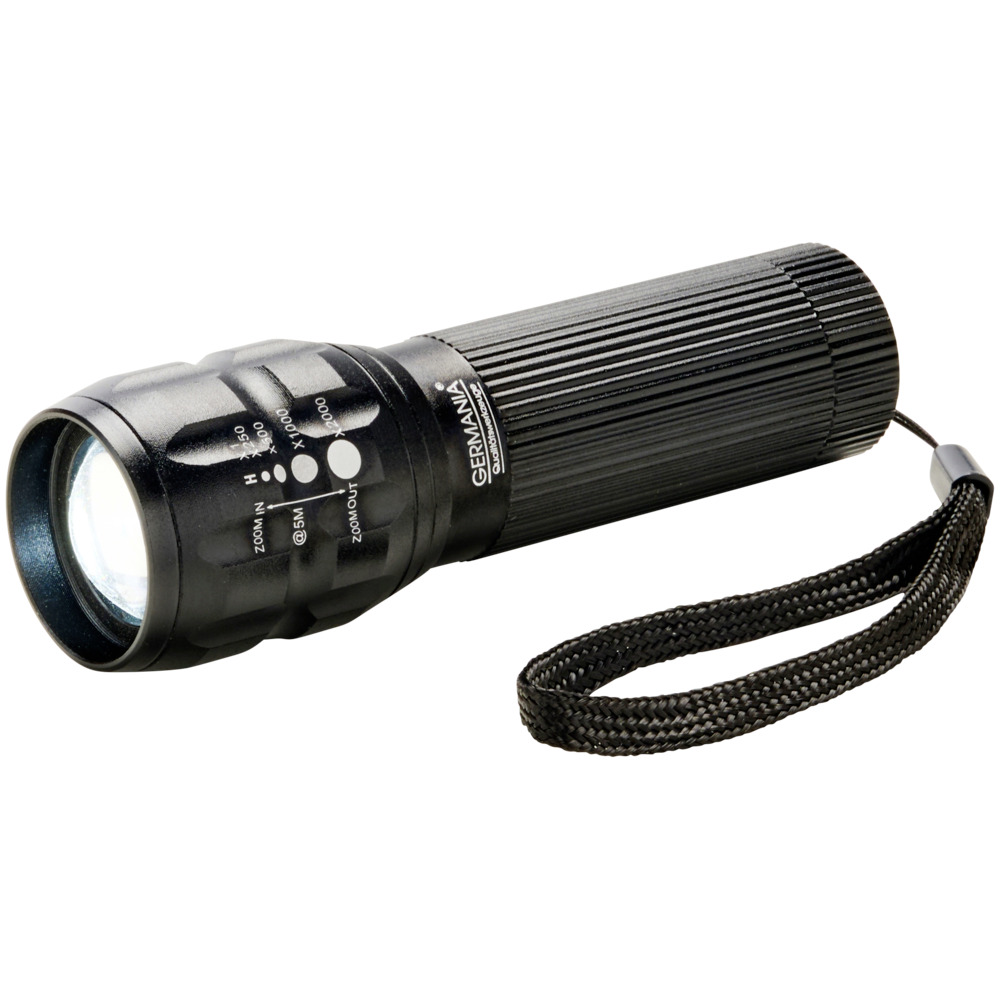 GERMANIA® LED Taschenlampe batteriebetrieben aus Metall mit Zoomfunktion