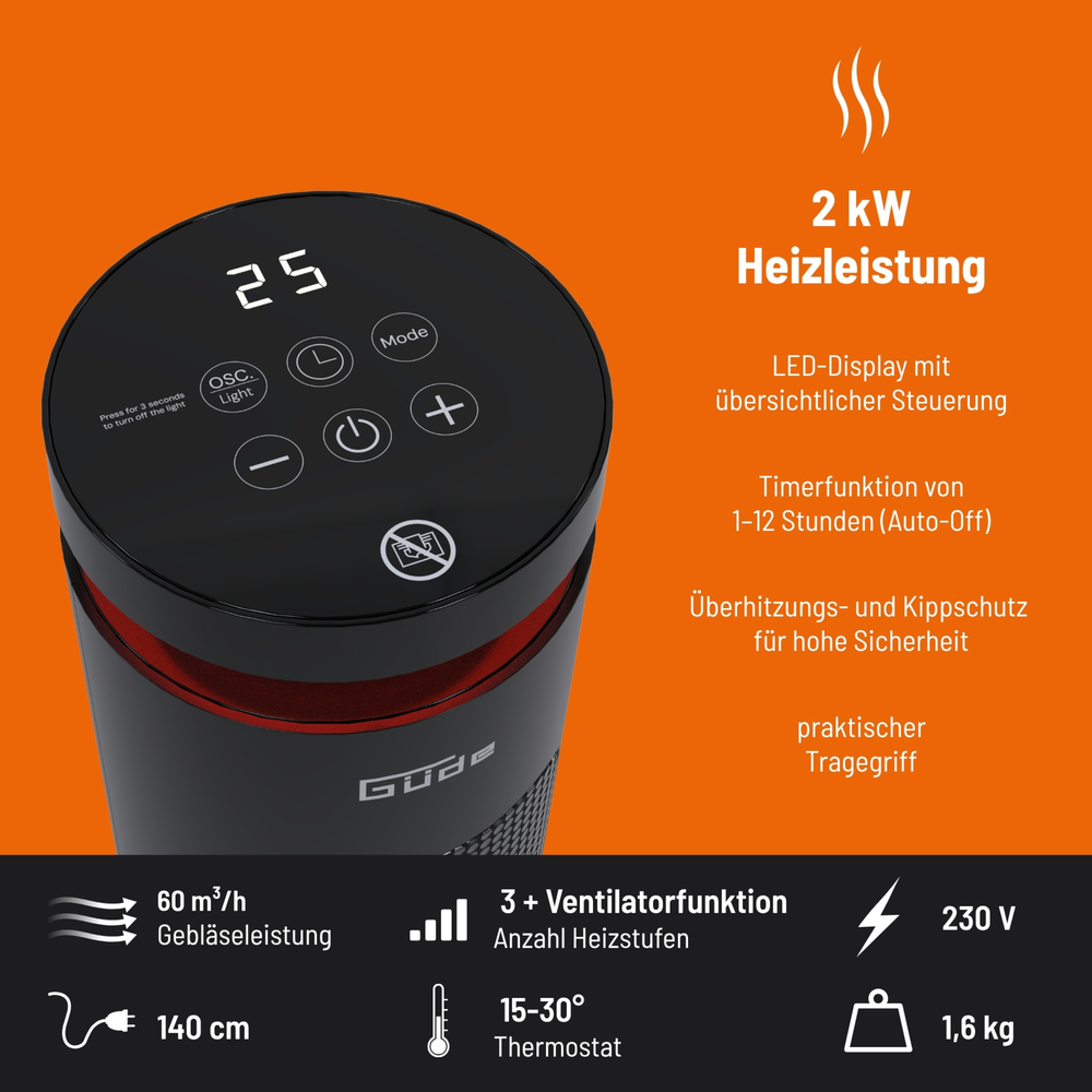 G&uuml;de&reg; Turmheizl&uuml;fter GTH 2000 K 2000 W mit Fernbedienung image number 7