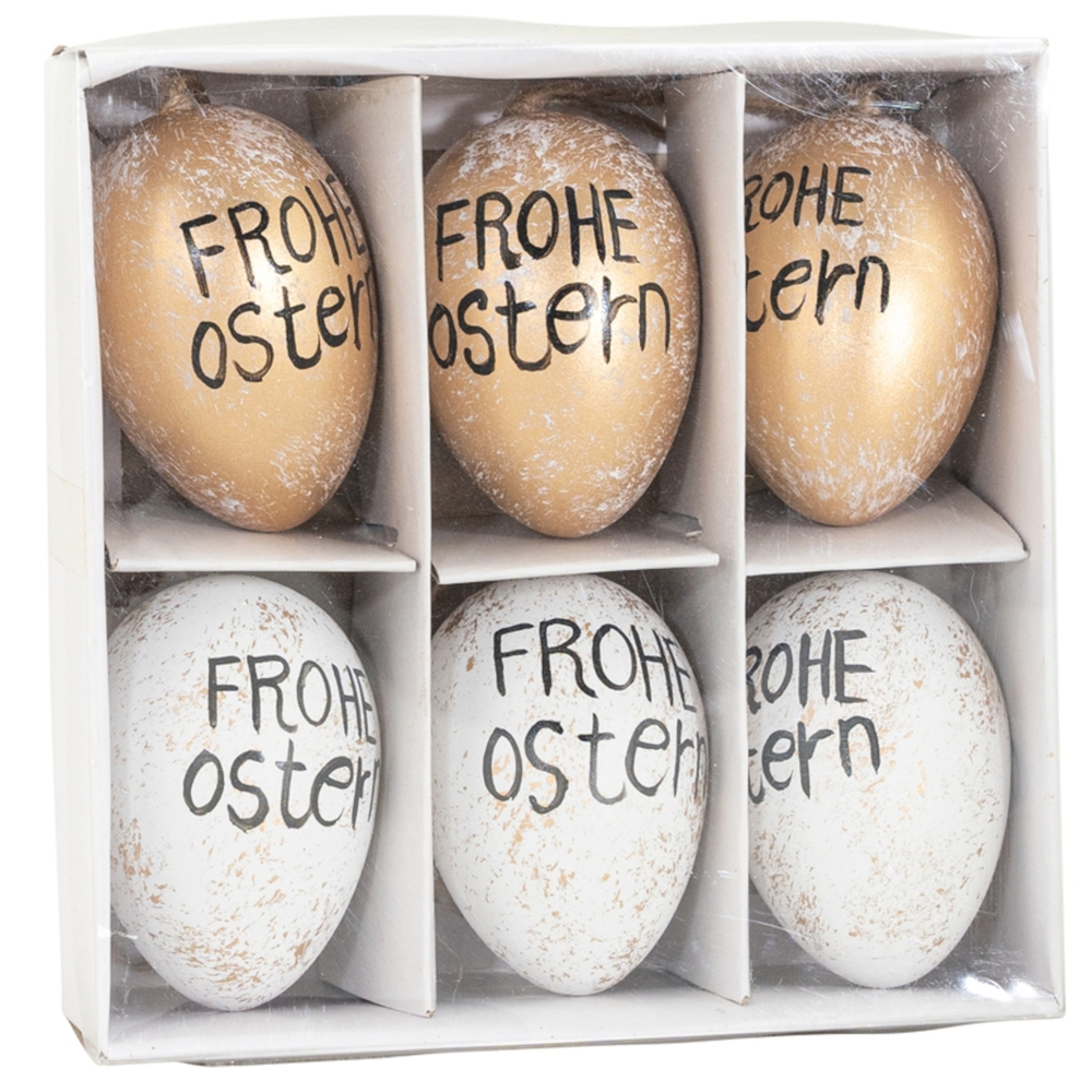 Ostereier‑Anh&auml;nger Set, 6-teilig, Kunststoff, wei&szlig;/goldfarben, 6 cm