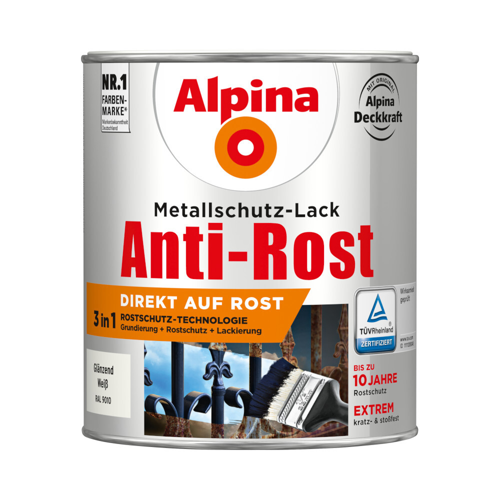 Alpina Metallschutzlack Weiß glanz 750 ml RAL 9010 image number 0
