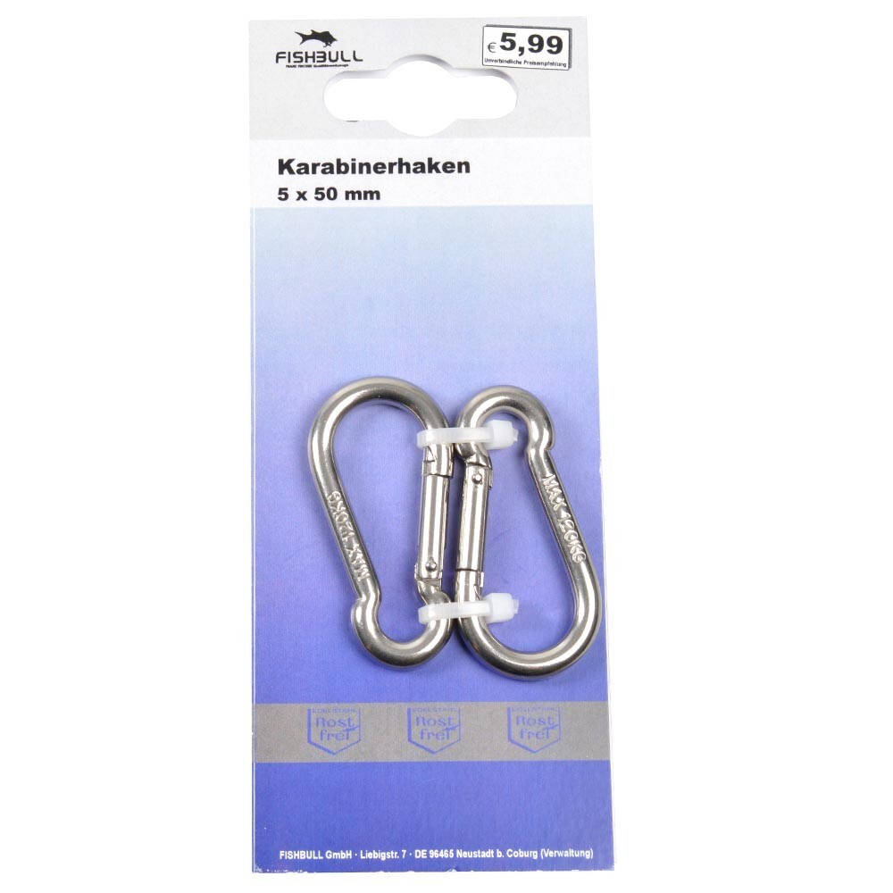 FISHBULL Feuerwehr-Karabiner 5 x 50 mm V4A Edelstahl, 2 Stück, Belastbarkeit 120 kg image number 1