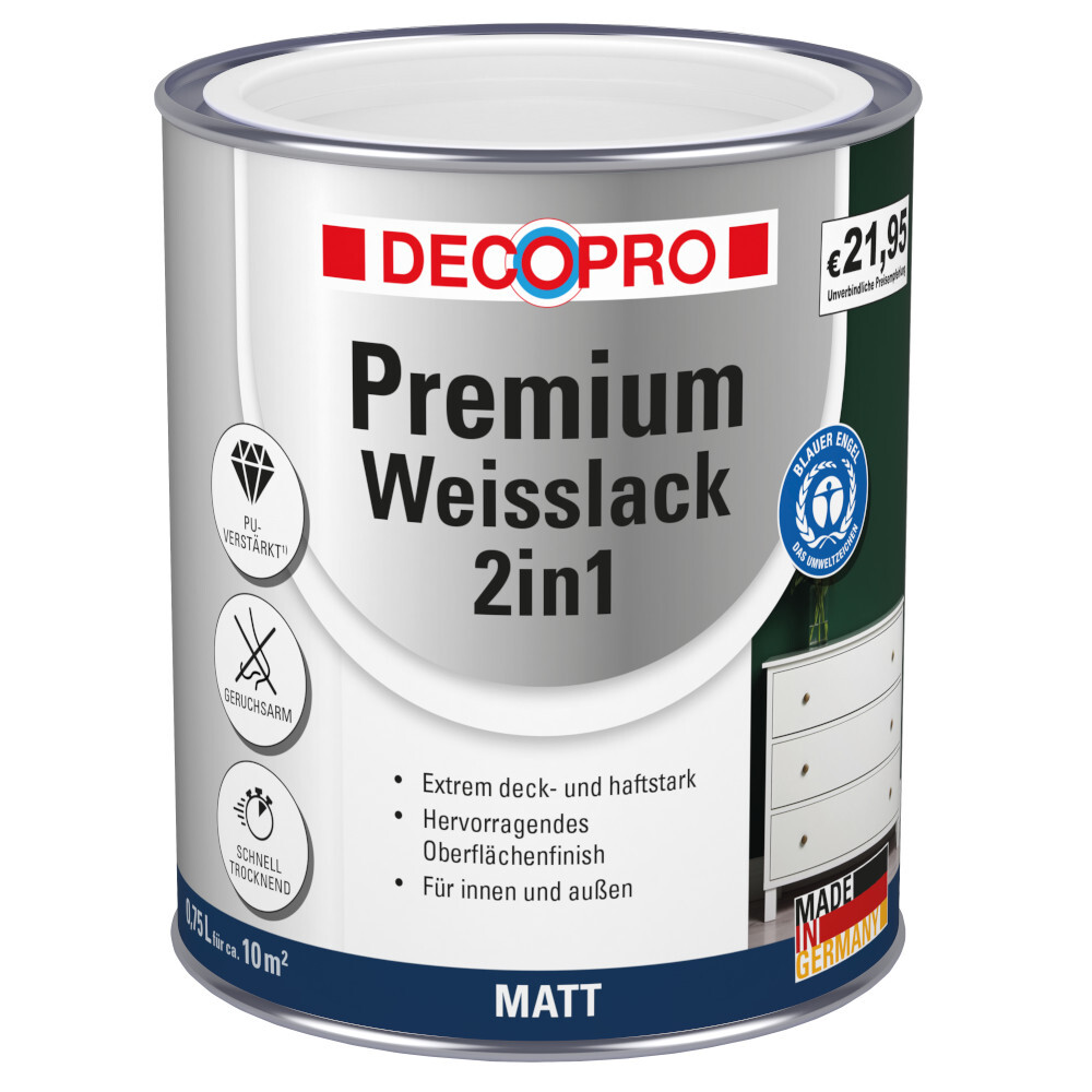 DECOPRO Premium 2in1 Weißlack 750 ml in Reinweiß, matt RAL 9010