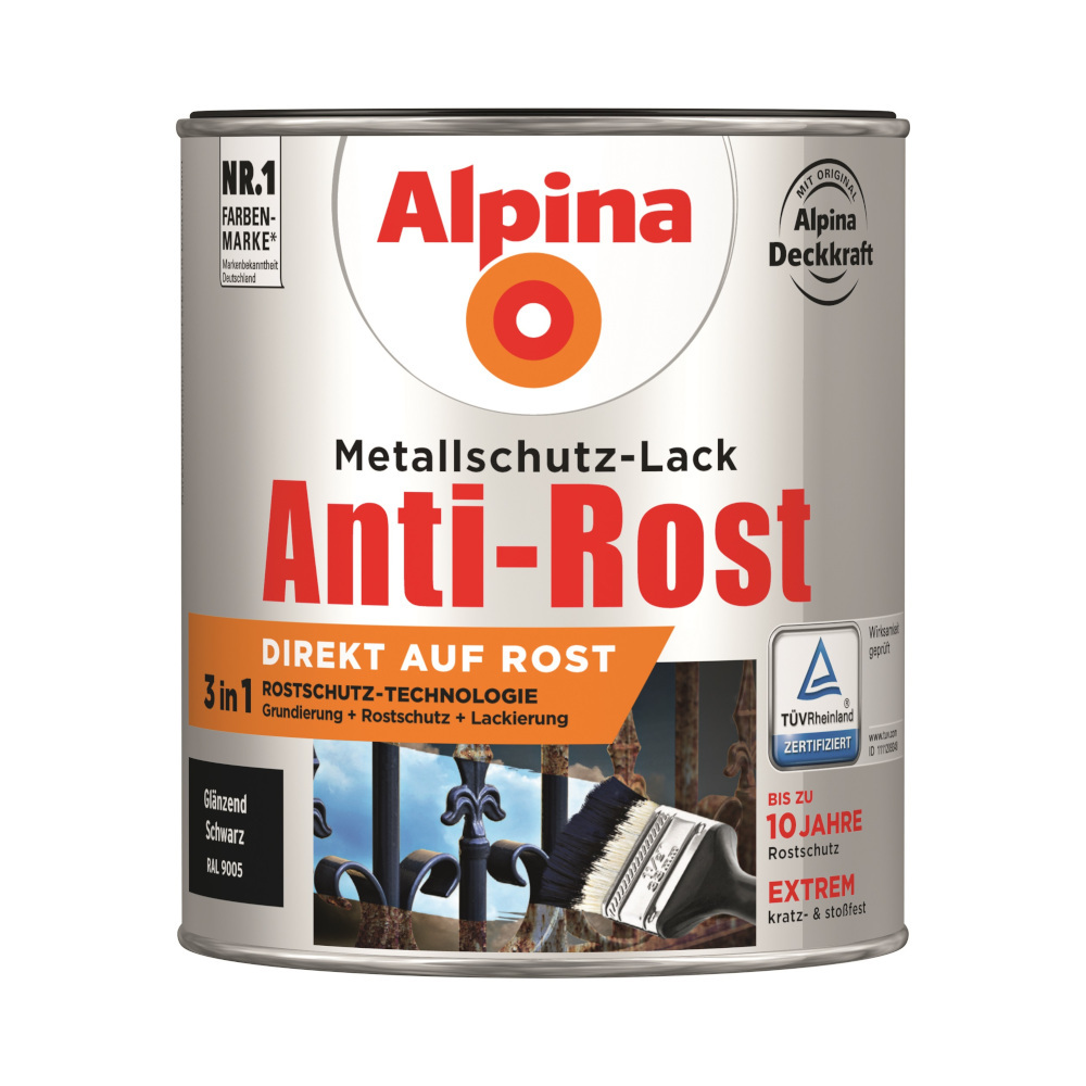Alpina Metallschutz-Lack Schwarz glanz RAL 9005 750 ml