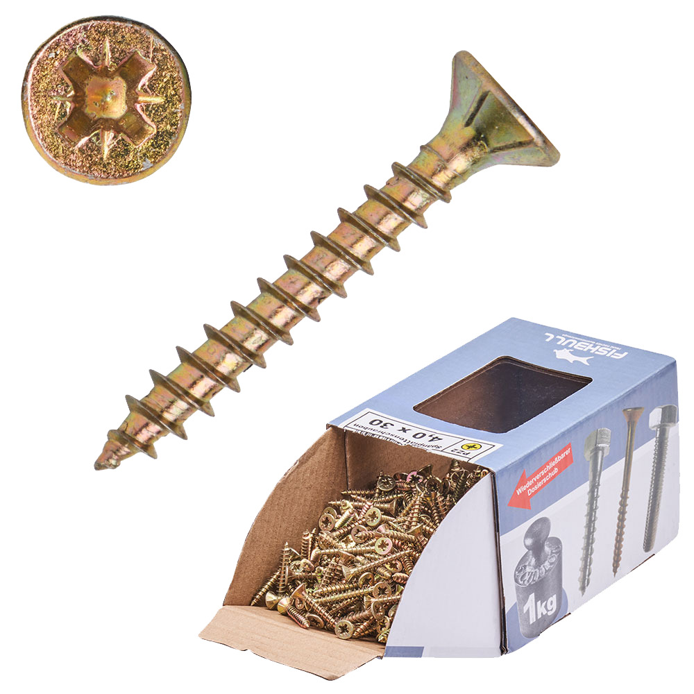 Spanplattenschraube 4,0x30 mm PZ 1kg FISHBULL-Pack Senkkopf Vollgewinde Kreuzschlitz