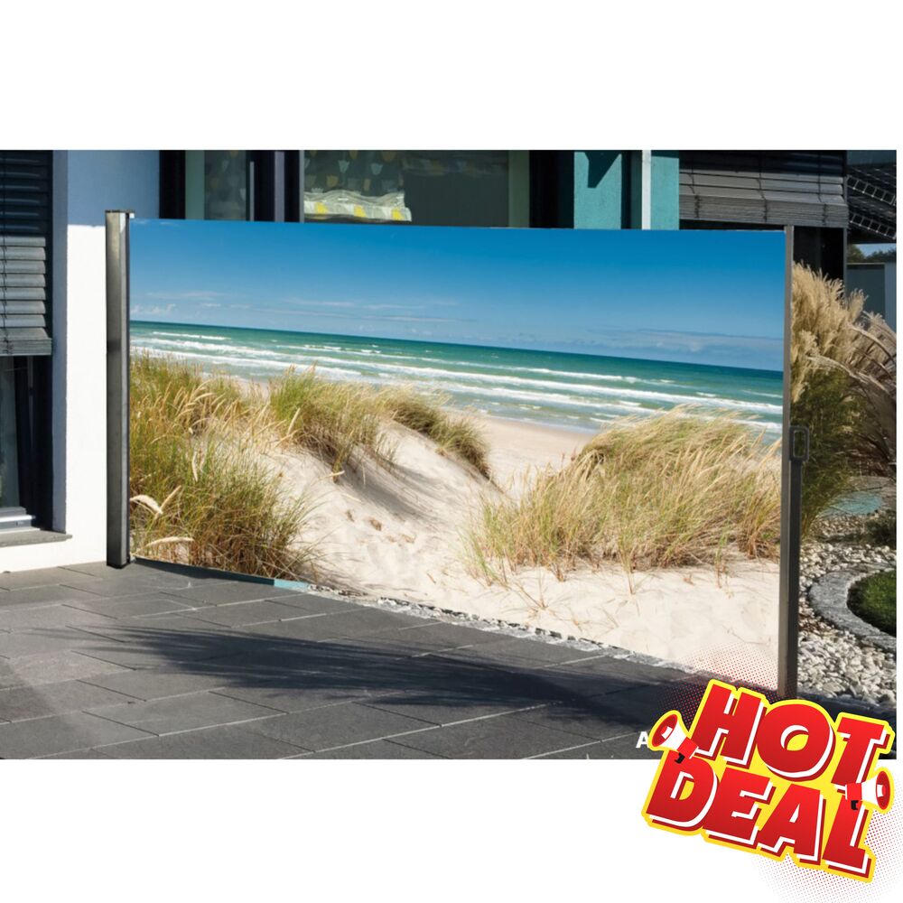 Seitenmarkise 3 x 1,6 m mit Auszug rechts und Fotodruck &bdquo;Ostsee&ldquo; links