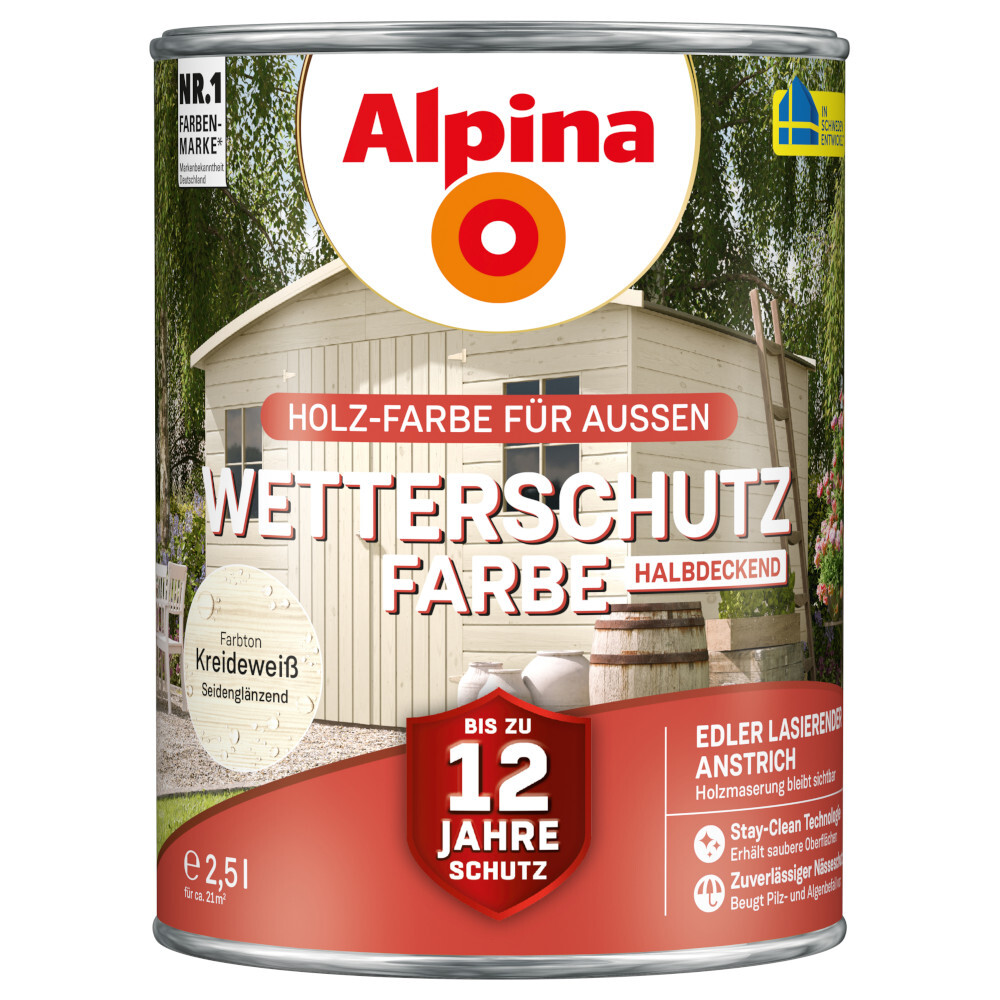 Alpina Wetterschutzfarbe Kreideweiß 2,5 Liter halbdeckend image number 0