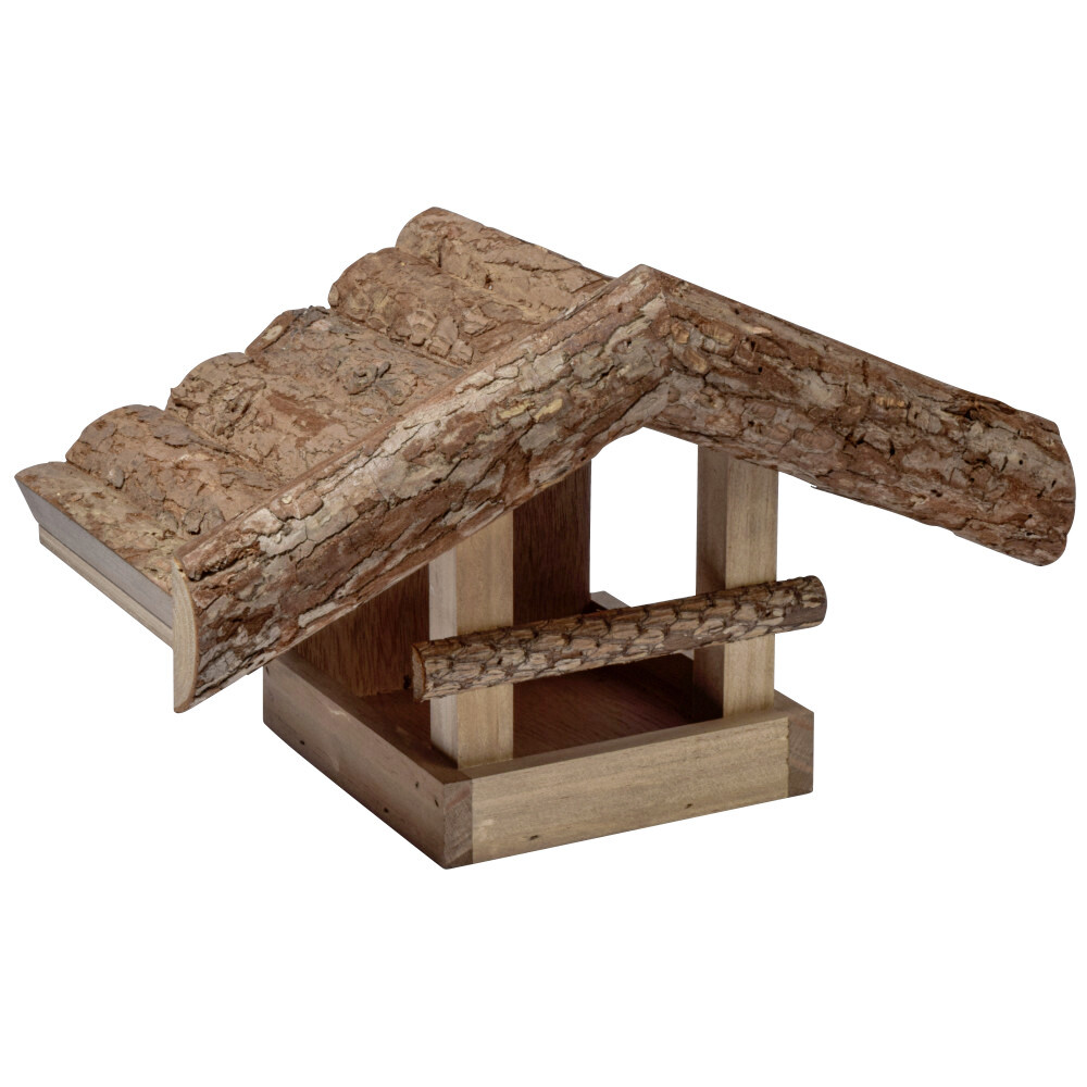 Futterhaus für Vögel, aus Holz mit Rinde gedeckt