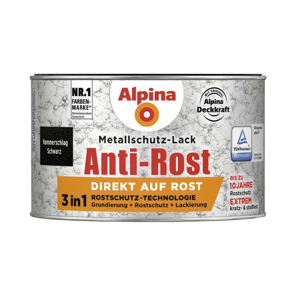 Alpina Metallschutz-Lack Schwarz 300 ml RAL 9005 Hammerschlag image number 0