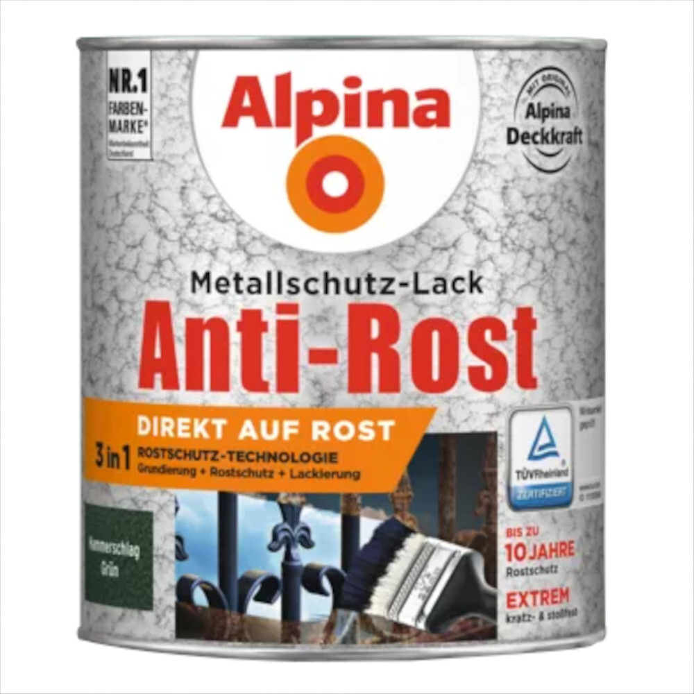 Alpina Metallschutz-Lack Grün 750 ml RAL 6036 Hammerschlag image number 0