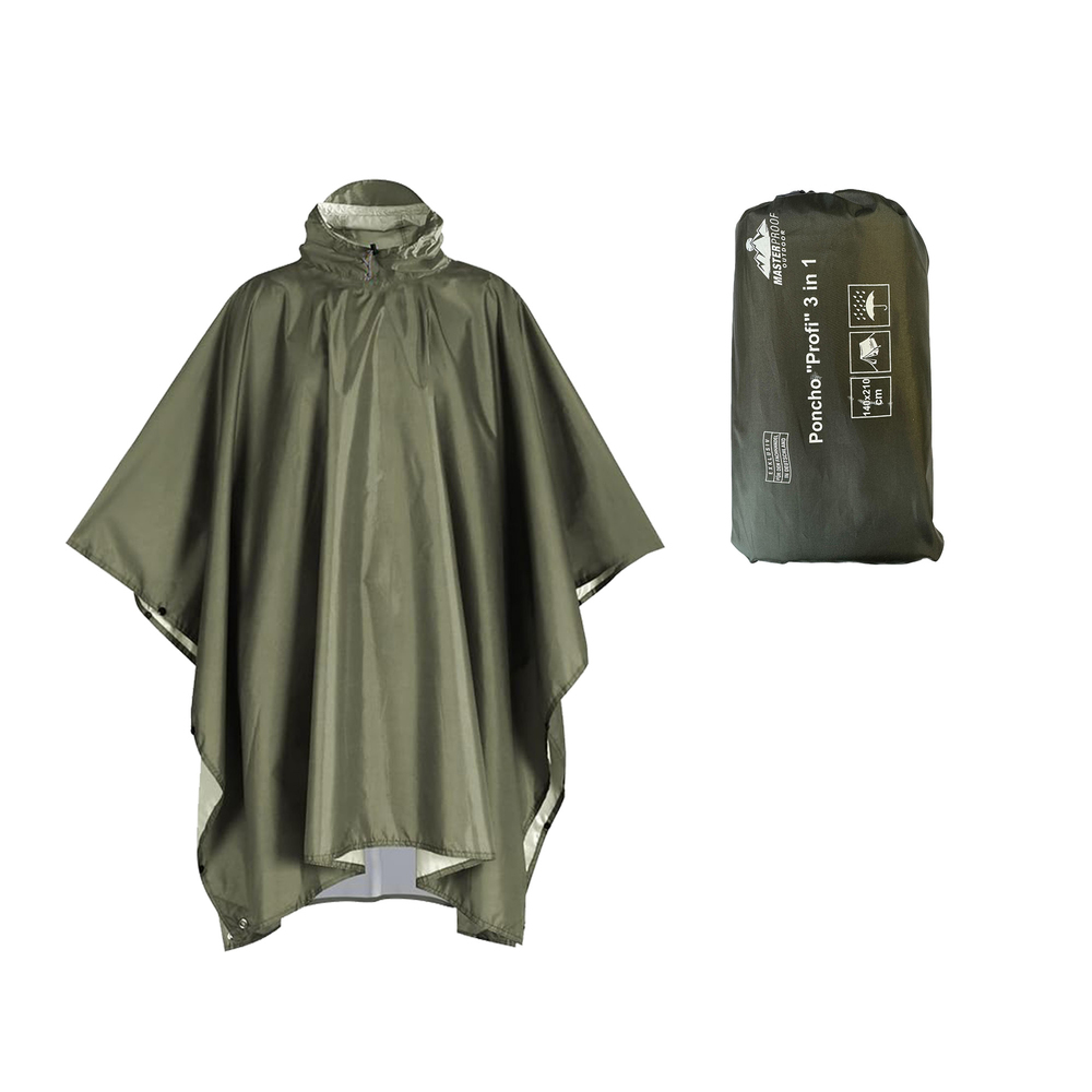 Poncho 3‑in‑1 gr&uuml;n Onesize wasser- und winddicht mit Kapuze