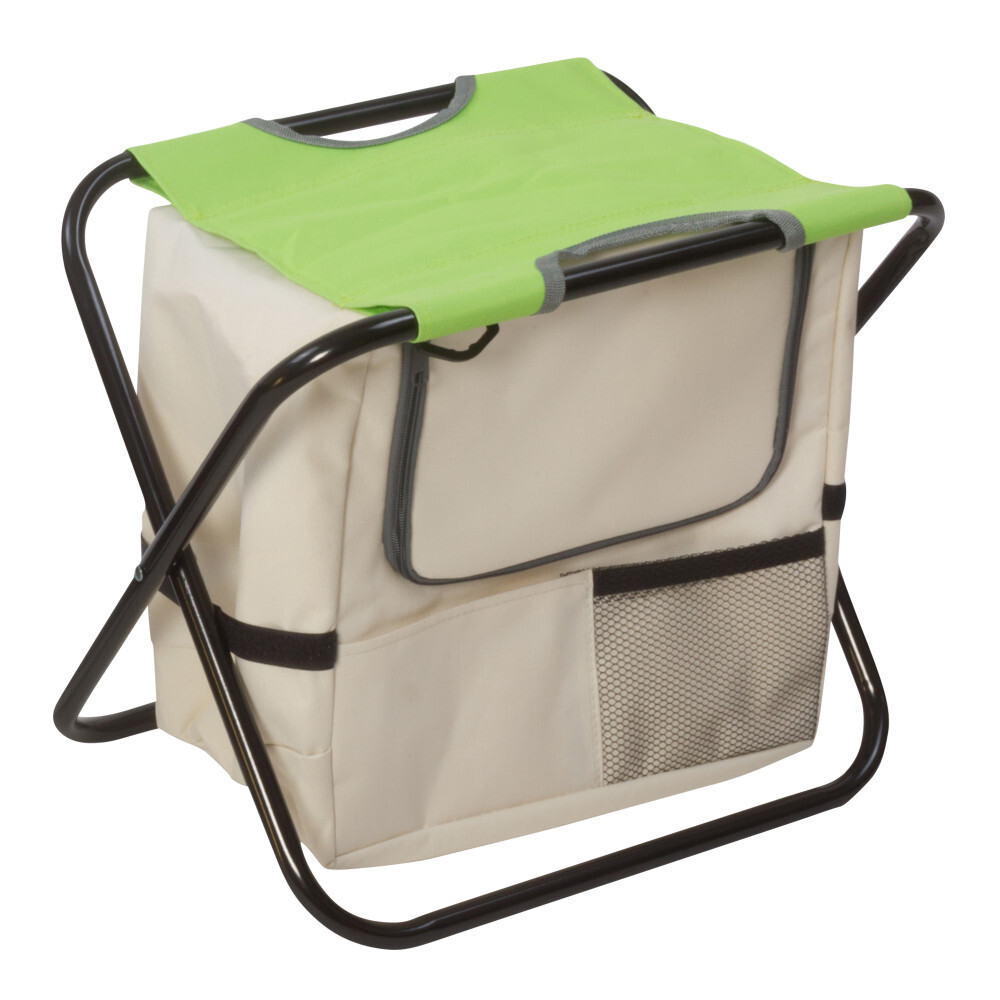 Klapphocker mit Metallgestell und Kühltasche in verschiedenen Farben