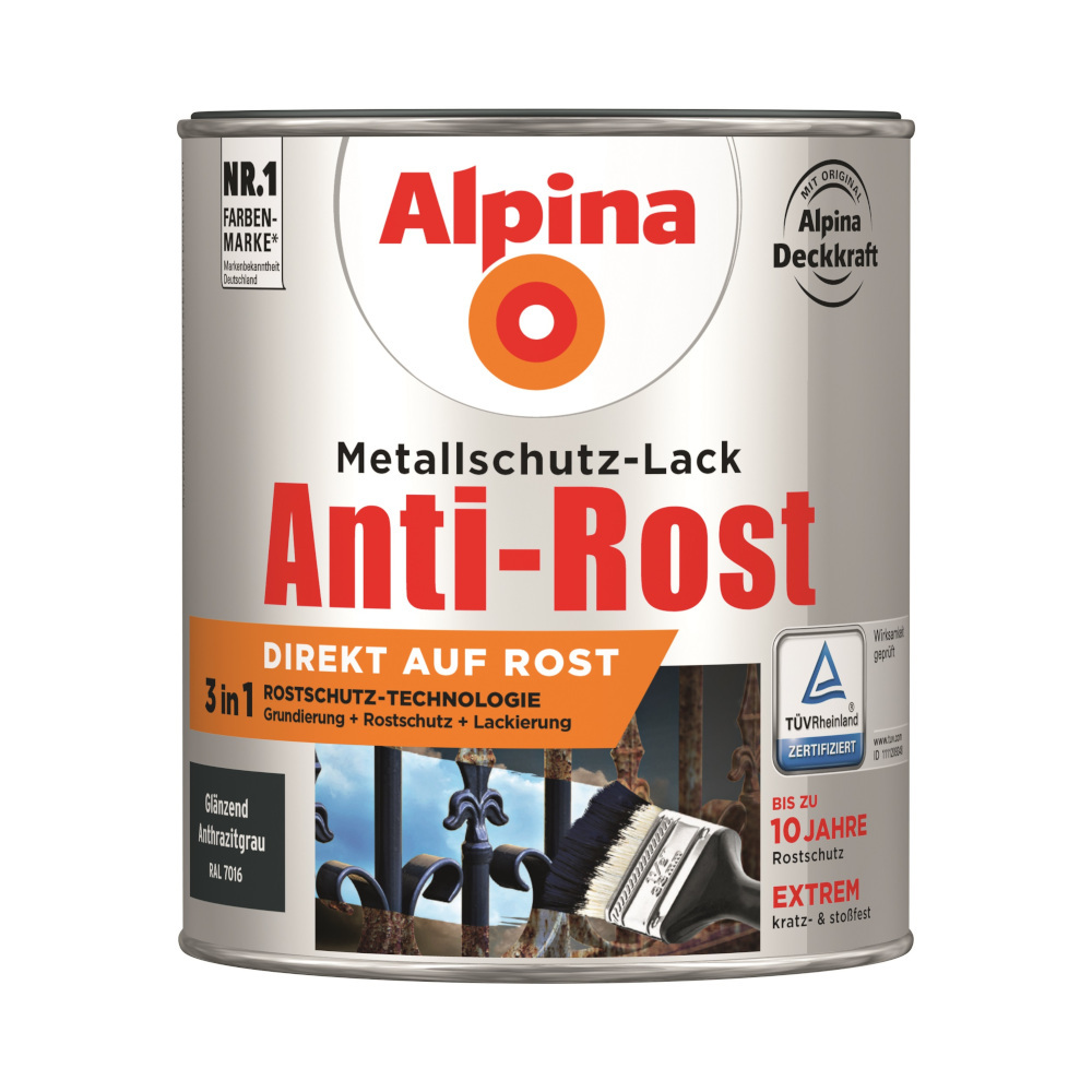 Alpina Metallschutz-Lack anthrazitgrau glanz RAL 7016 750 ml image number 0