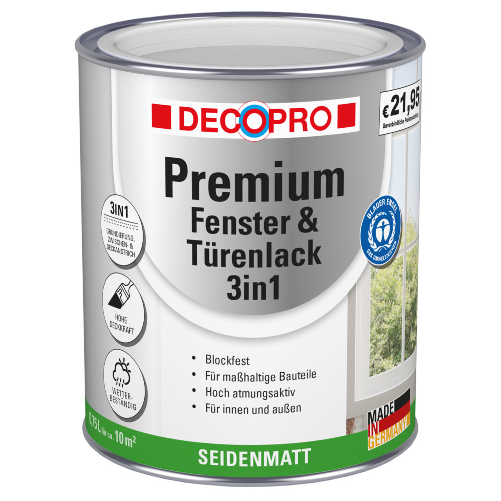 DECOPRO Premium 3in1 Fenster & Türenlack 750 ml in Weiß, seidenmatt