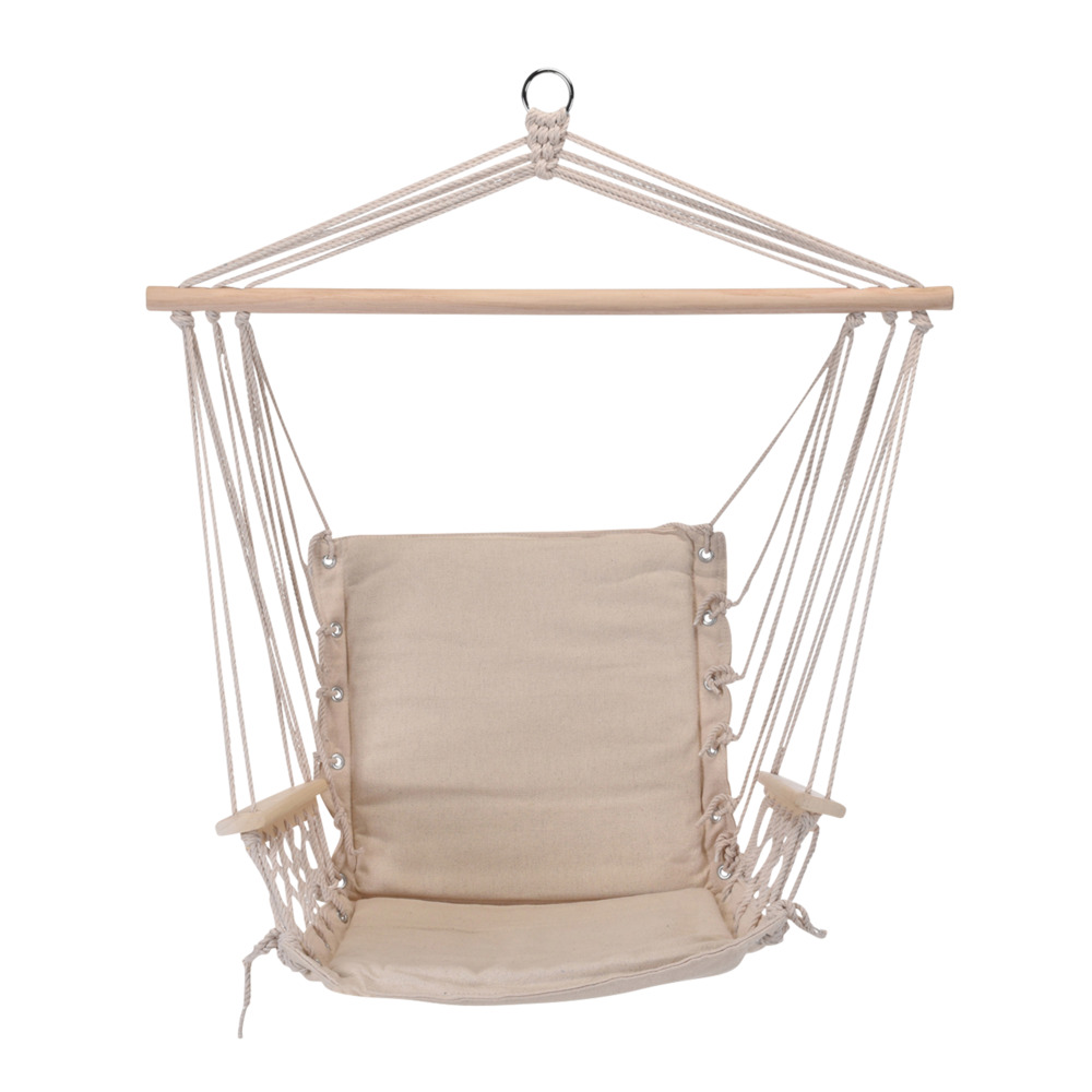 Hängesessel aus Baumwolle in Creme mit Armlehne aus Holz