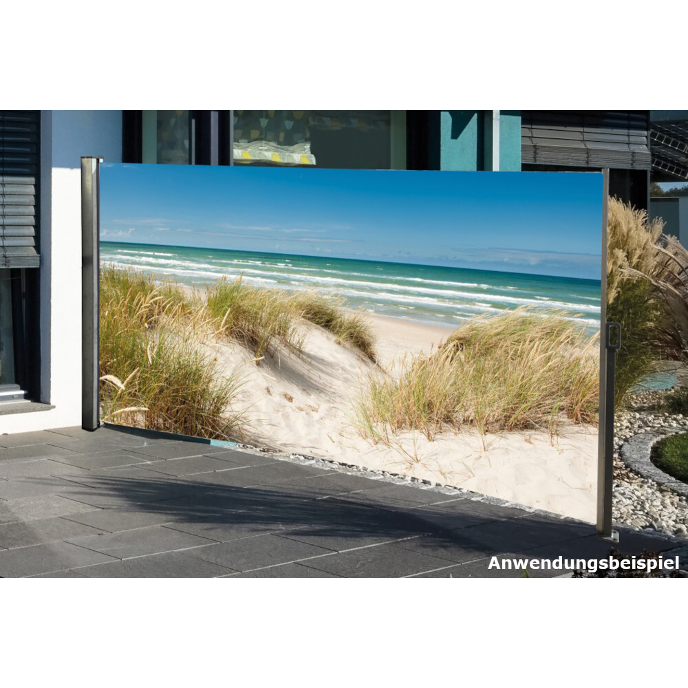Seitenmarkise 3 x 1,6 m mit Auszug rechts und Fotodruck &bdquo;Ostsee&ldquo; links