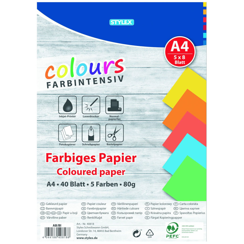 Farbiges Druckerpapier 40 Blatt DIN A4 80 g, in kräftigen Farben