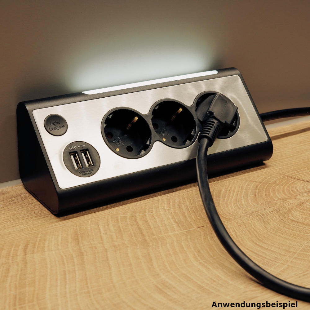 Tischsteckdose 3-fach mit 2x USB-Anschlüssen und LED-Beleuchtung image number 2