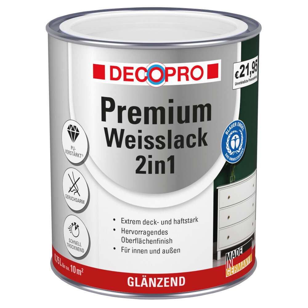 DECOPRO Premium 2in1 Weißlack 750 ml in Reinweiß, glänzend RAL 9010