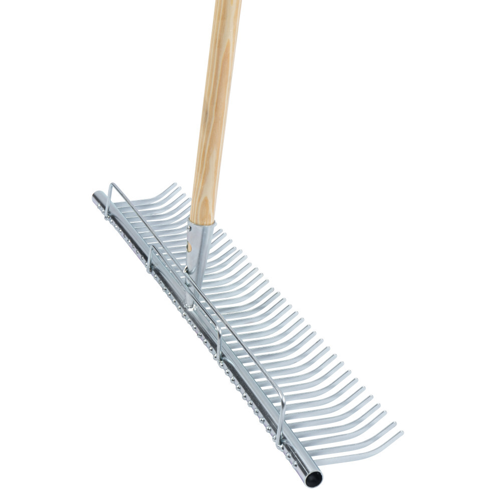 Gartenrechen aus Metall mit Holzstiel und Fanggitter