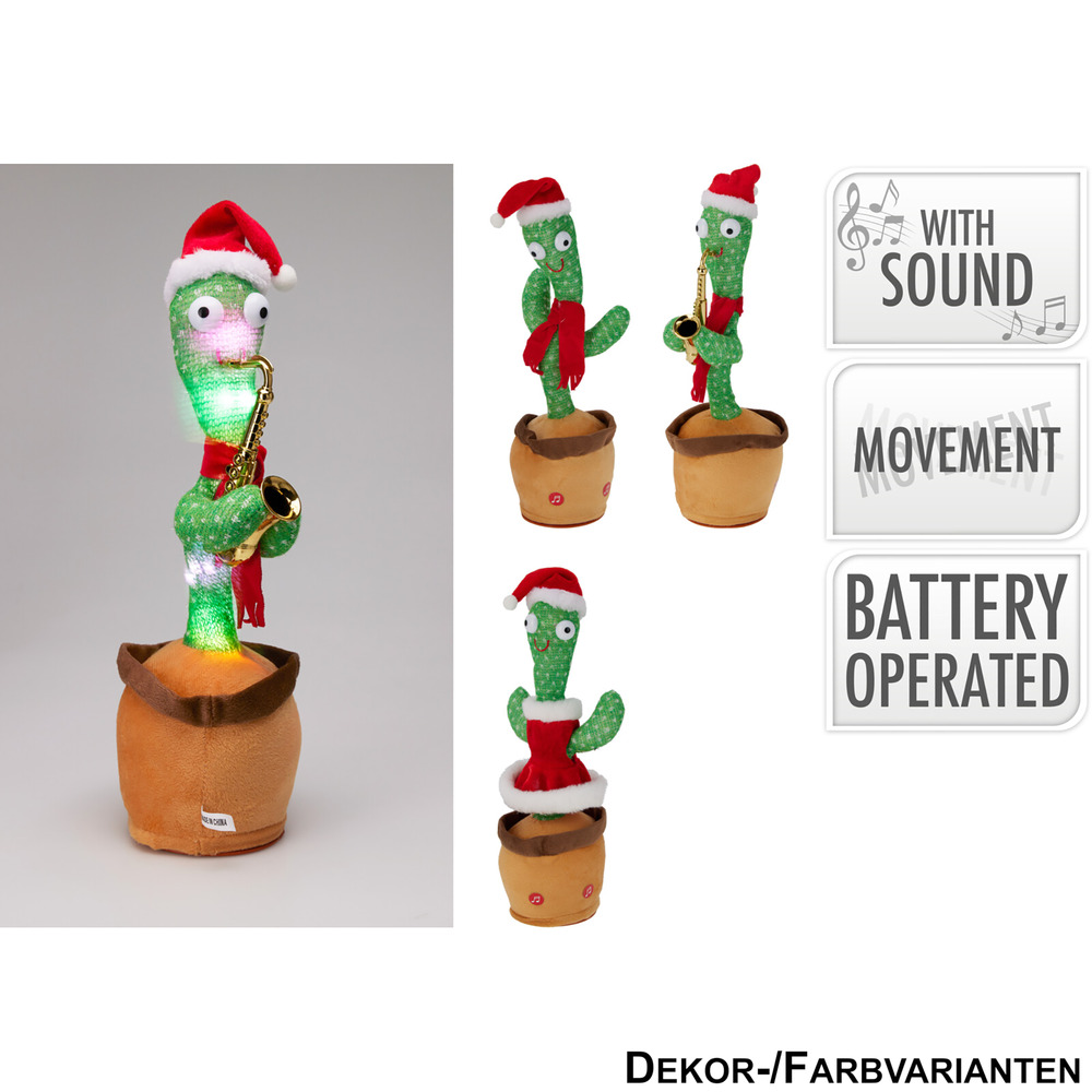 Weihnachtskaktus mit Musik 35cm, 3-fach sortiert