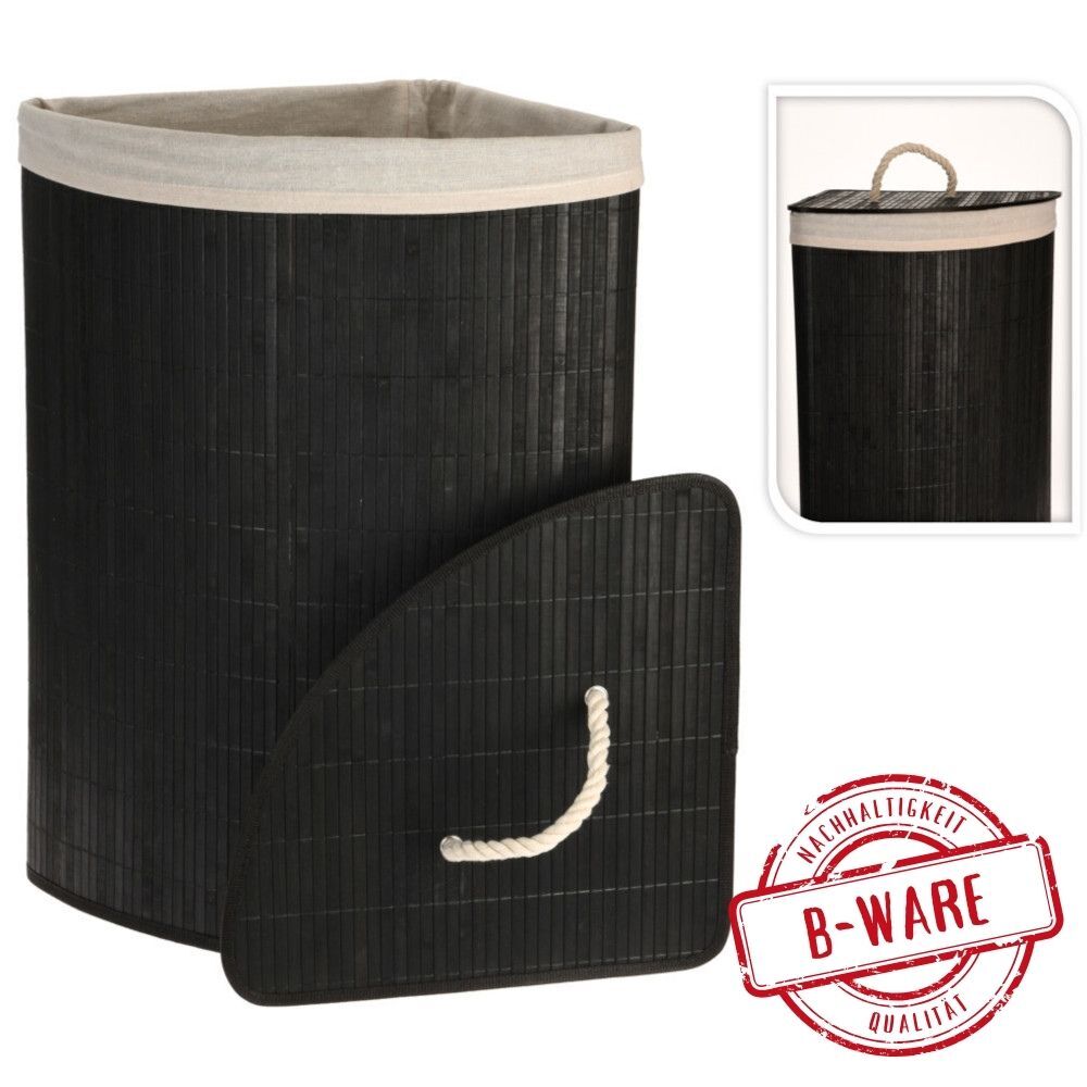 W&auml;schekorb mit Deckel aus Bambusholz in Schwarz B-Ware