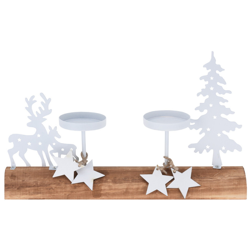Kerzenhalter auf Holztablett mit 2 Teelichthalterungen und Weihnachtszene