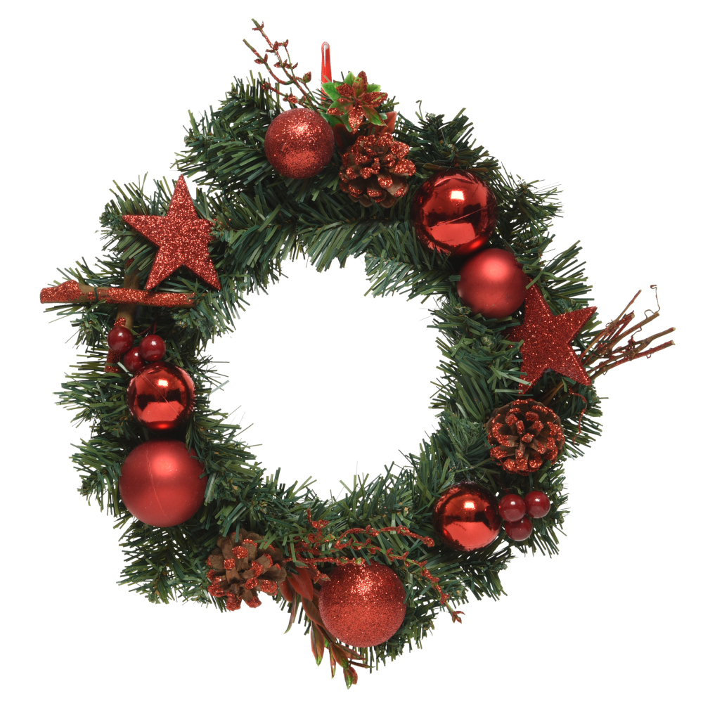 Weihnachtskranz Ø 30 cm aus Kunststoff mit roter Weihnachtsdekoration