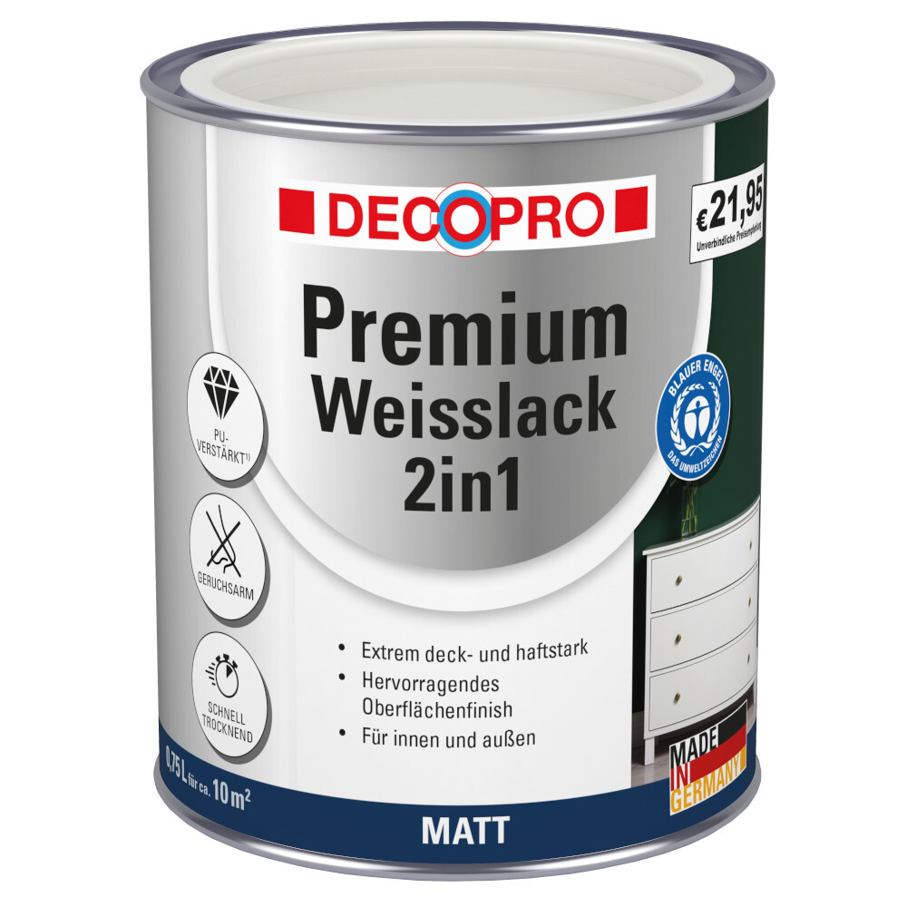 DecoPro Premium 2in1 Weißlack 750 ml in Signalweiß, matt RAL 9003