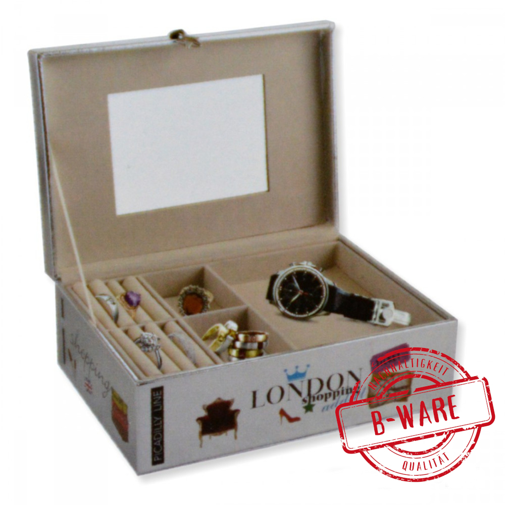 Schmuckkoffer aus Kunstleder in Silber, Design "London Shopping" - B-Ware