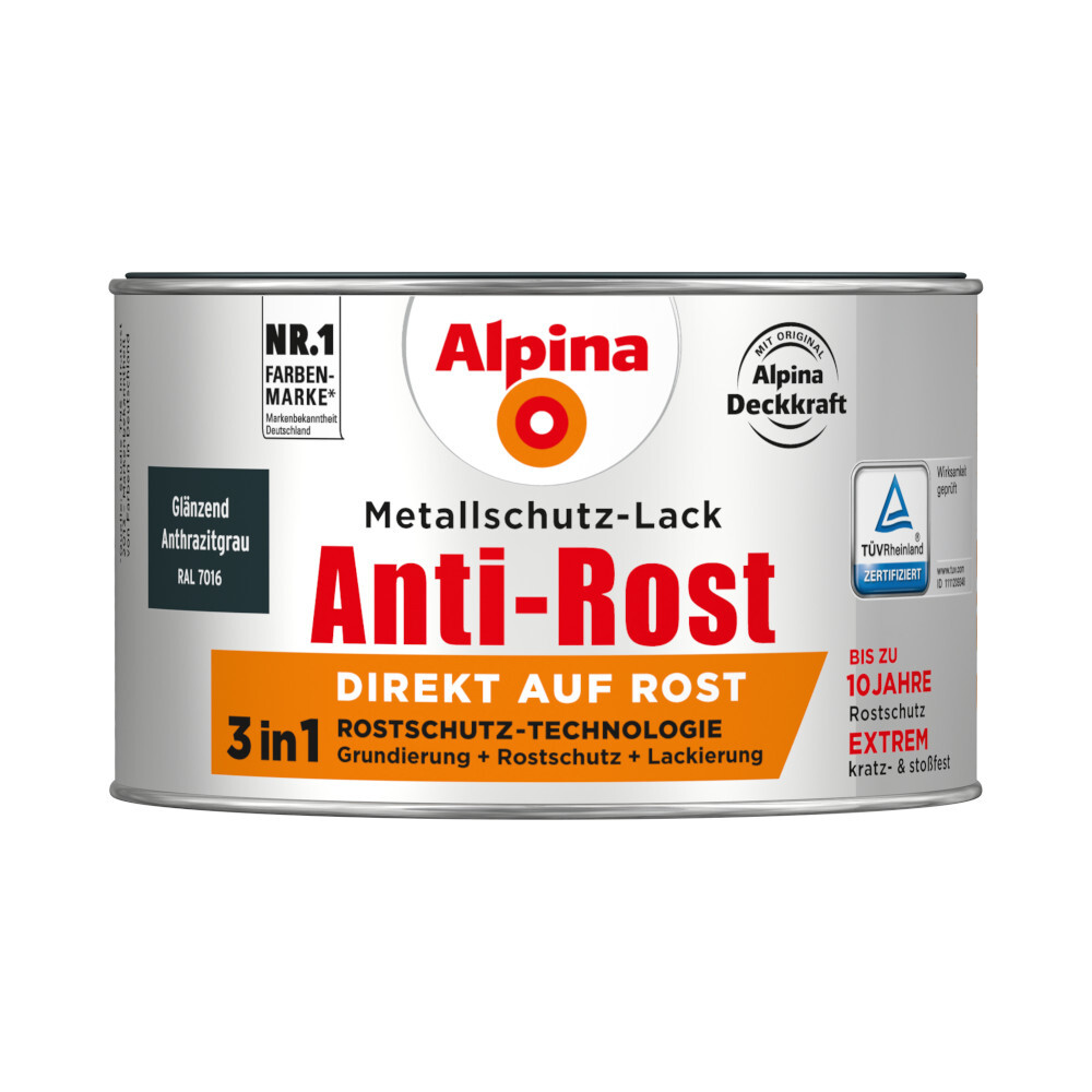Alpina Metallschutz-Lack anthrazitgrau glanz RAL 7016 300 ml image number 0