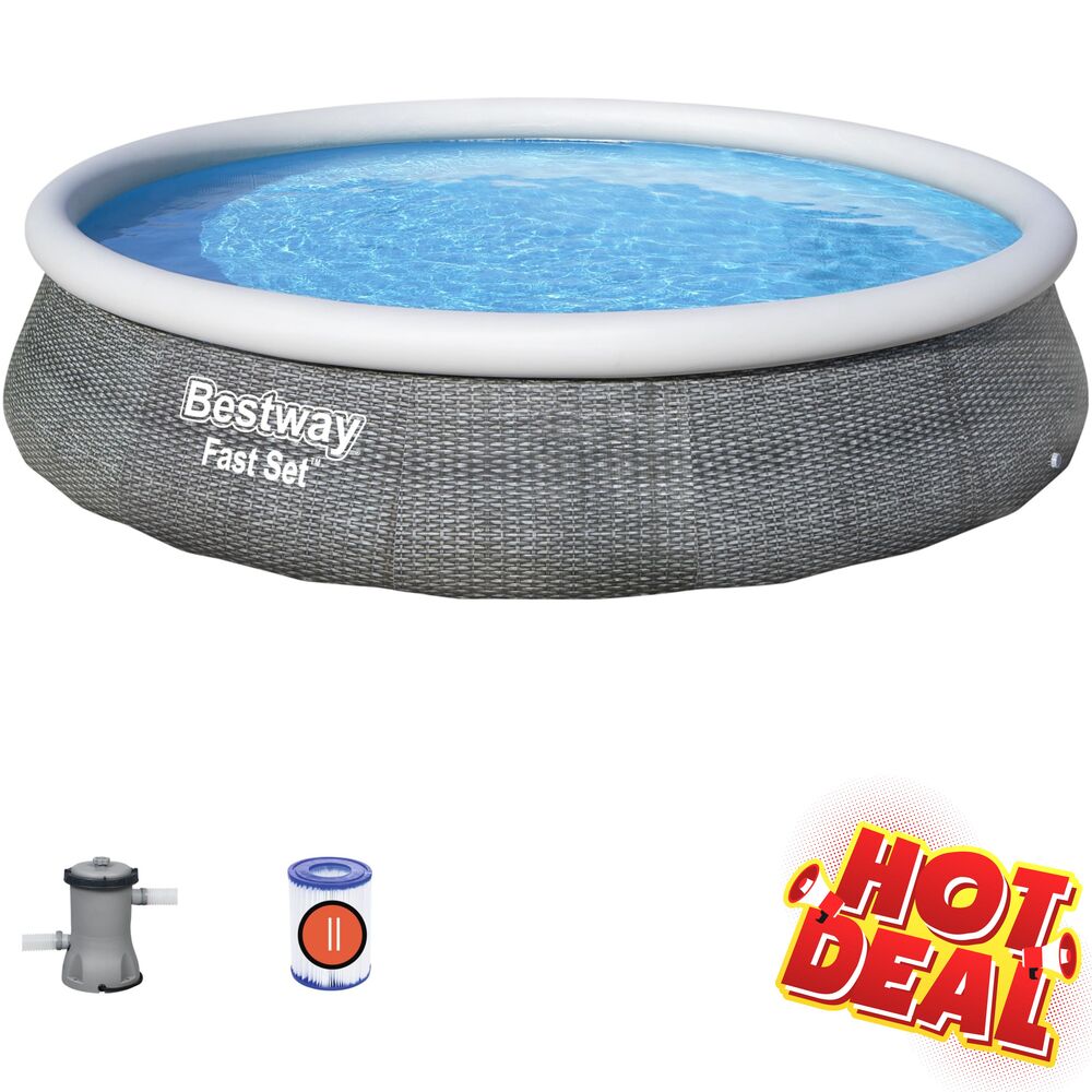 Bestway&reg; Fast Set&trade; Aufstellpool 396x84cm Rattan-Optik schiefergrau inkl. Pumpe 