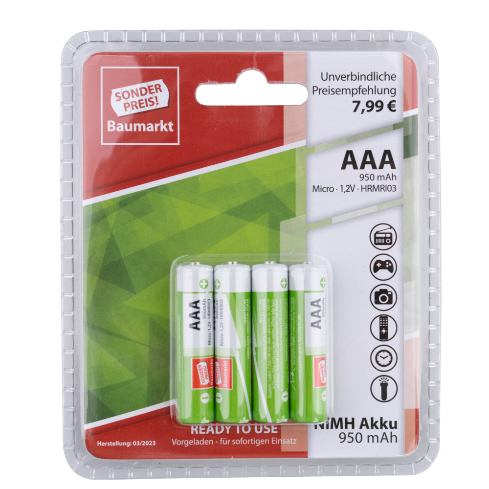 Akku Batterien AAA 950 mAh 4 Stück leistungsfähig und wiederaufladbar image number 0