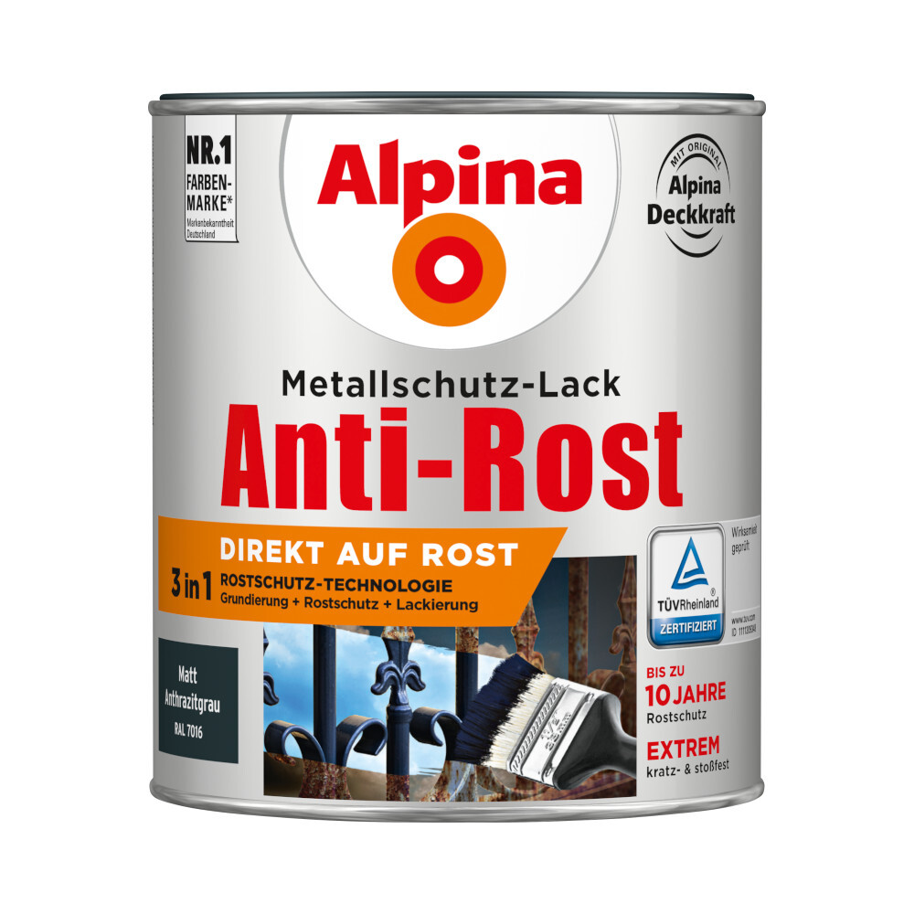 Alpina Metallschutzlack Anthrazitgrau matt 750 ml RAL 7016 image number 0