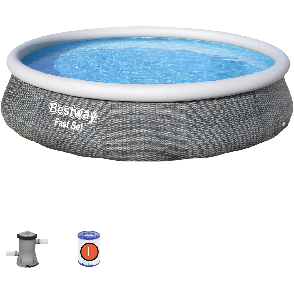 Bestway&reg; Fast Set&trade; Aufstellpool 396x84cm Rattan-Optik schiefergrau inkl. Pumpe 