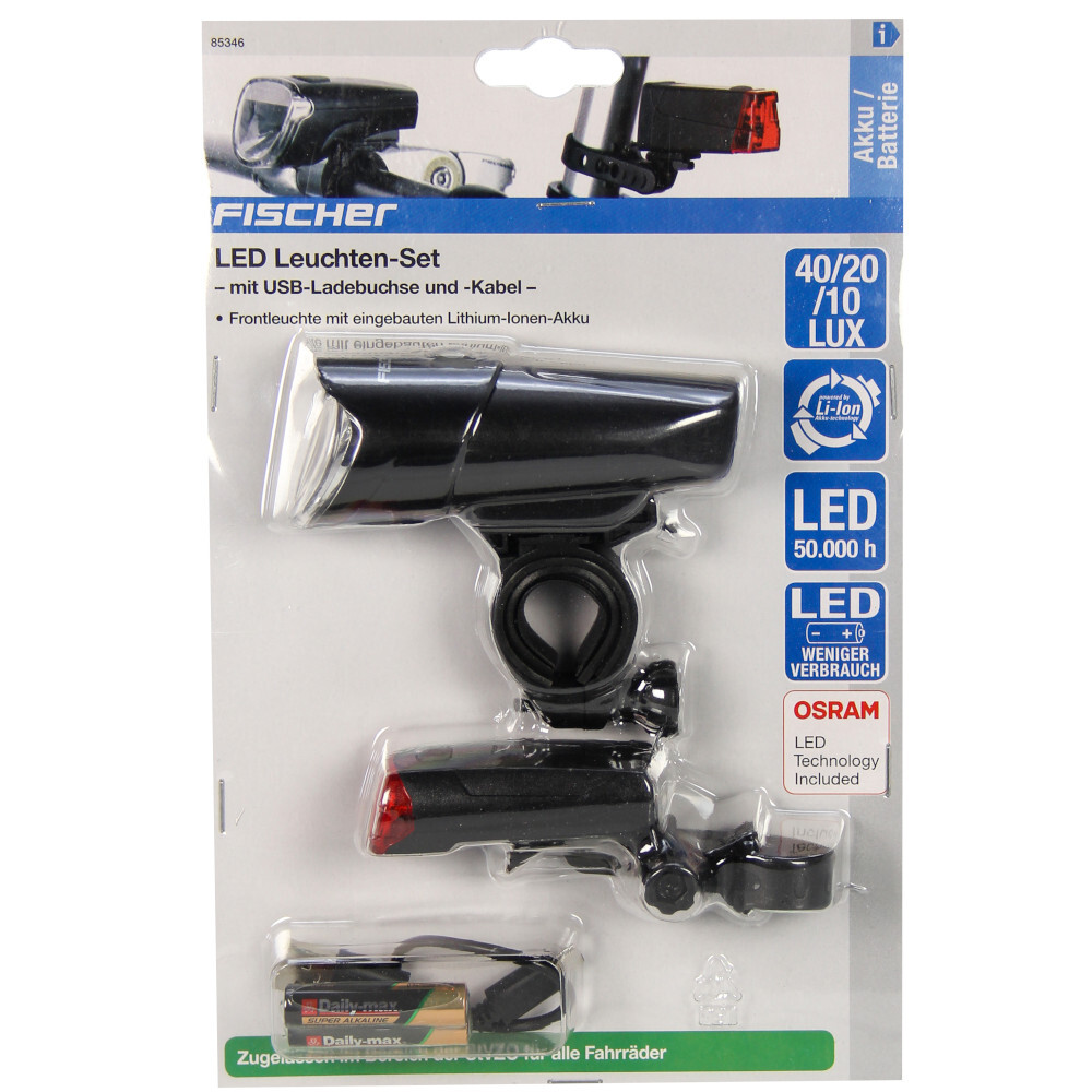 FISCHER Fahrrad LED Beleuchtungs Set 10 / 20 /40 Lux POWER CHARGE