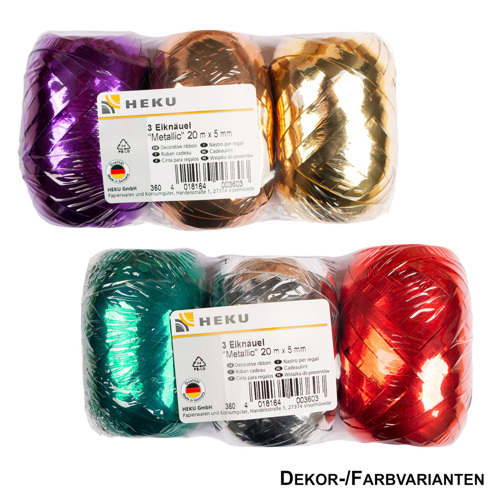 Geschenkband Eiknäuel Metallic, 20 m x 5 mm, 3 Stück