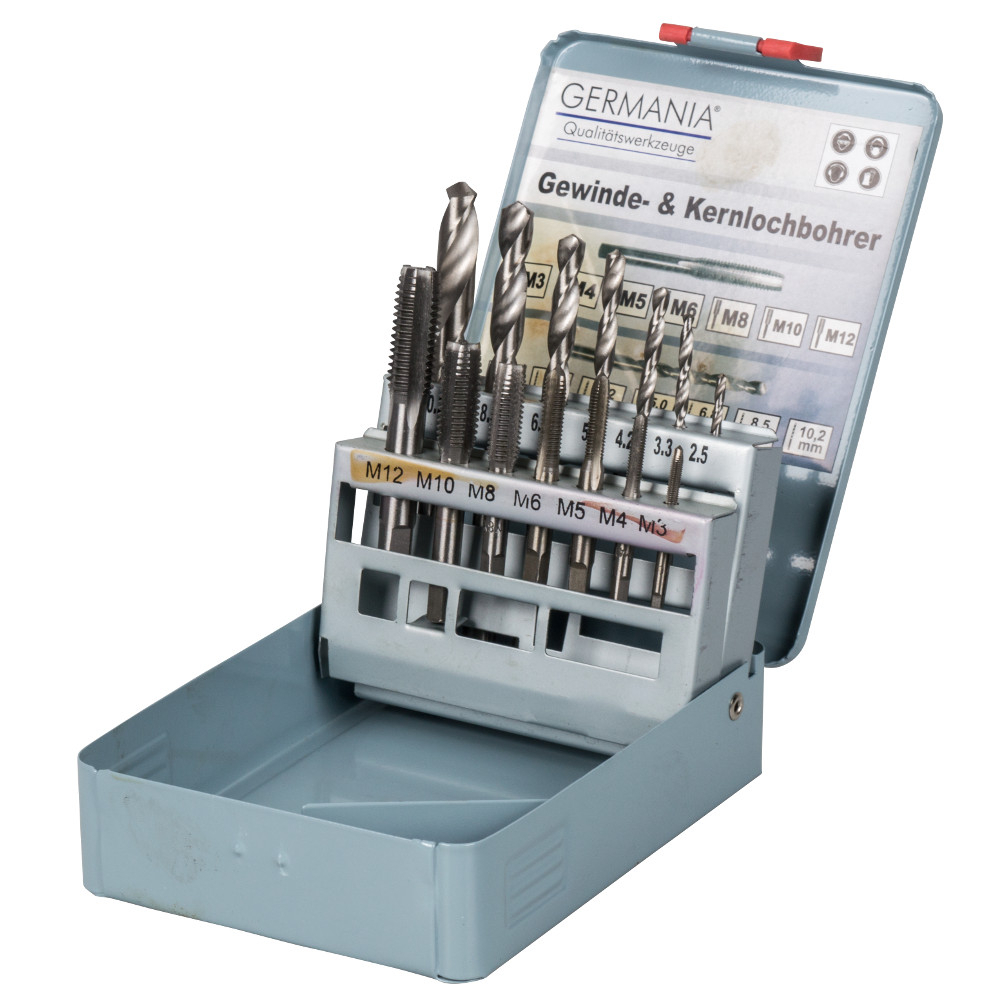 GERMANIA® Gewindebohrer und Kernlochbohrer Set 14-teilig in Metallkassette
