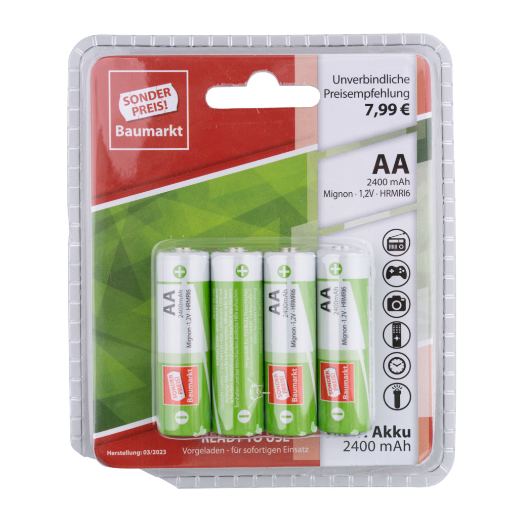 Akku Batterien AA 2400 mAh 4 Stück leistungsfähig und wiederaufladbar