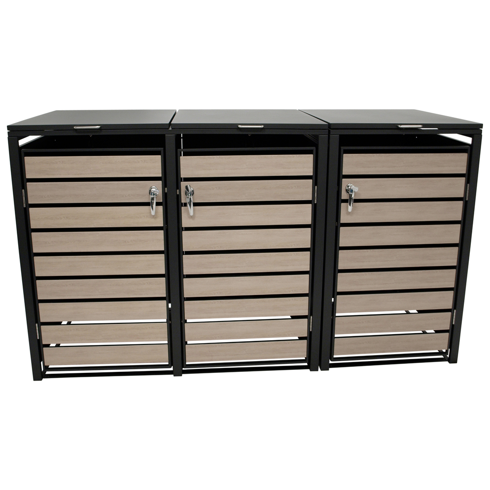 Mülltonnenbox 3-er Stahl verzinkt Front Holzoptik
