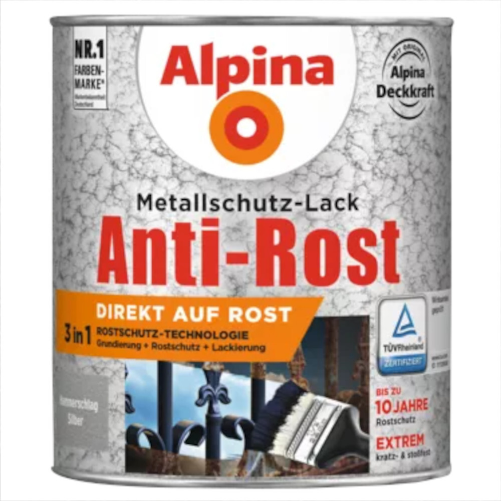 Alpina Metallschutz-Lack Silber 750 ml RAL 9006 Hammerschlag image number 0