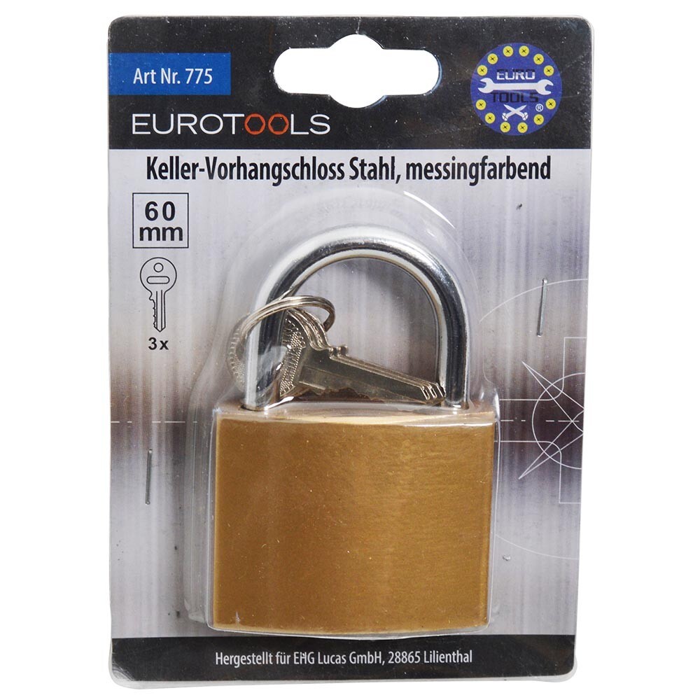 Vorhängeschloss Keller 60 mm aus Messing mit 3 Schlüssel