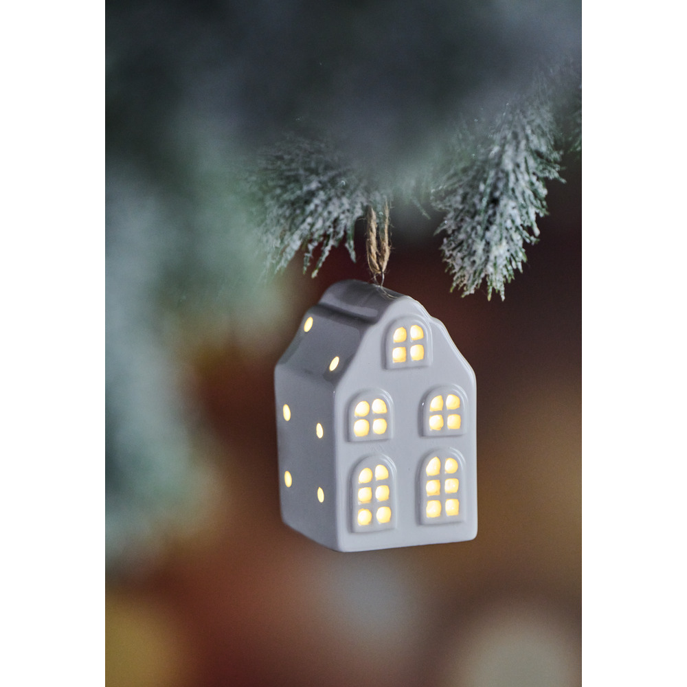 H&auml;ngedeko Haus Keramik, mit warmwei&szlig;er LED image number 1