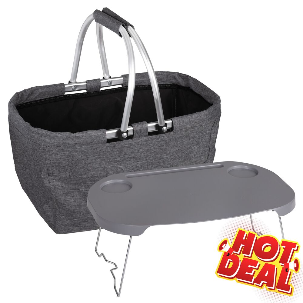 Picknickkorb mit Deckel 2-in-1, grau