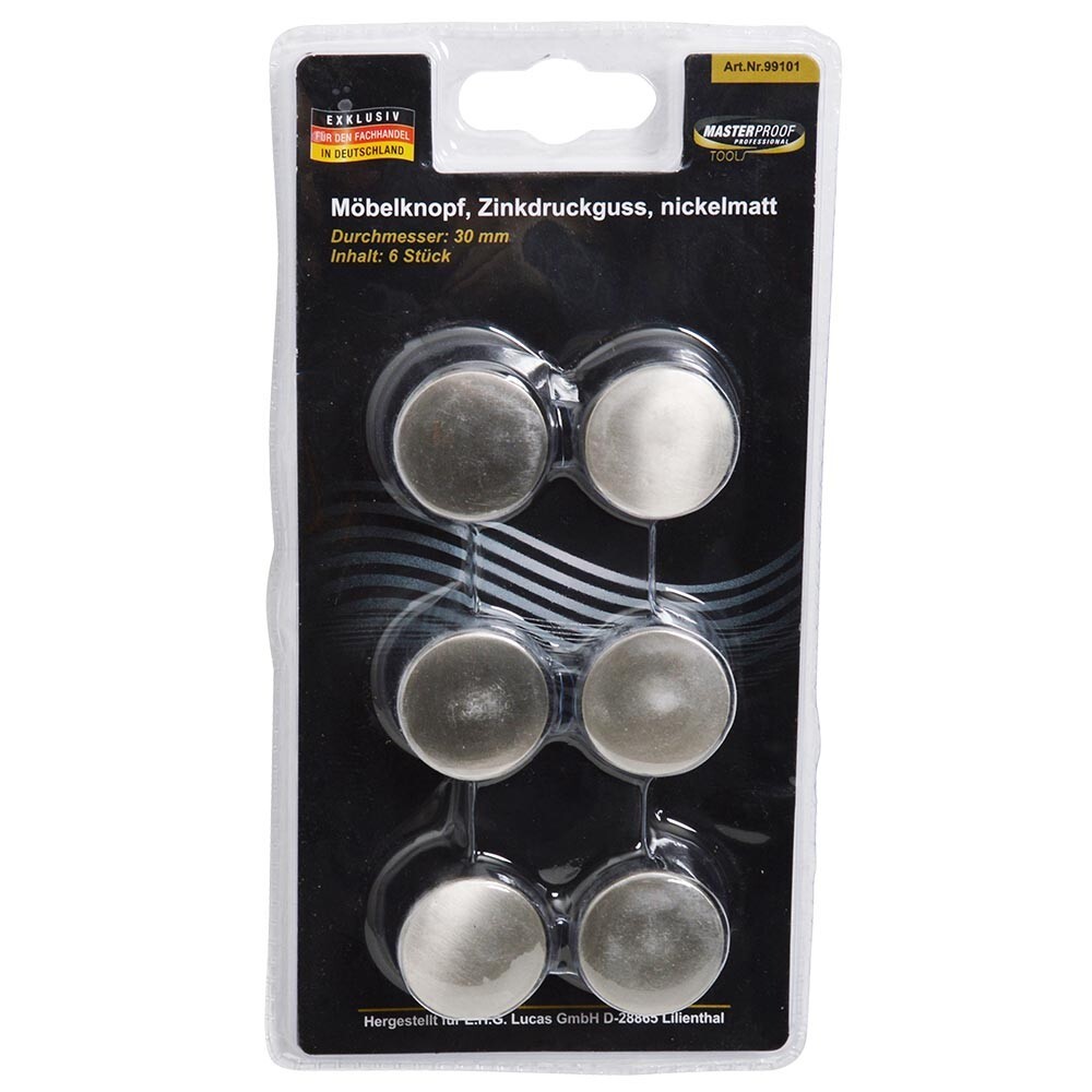Möbelknopf aus Zinkdruckguss nickelmatt 30 mm 6-teilig