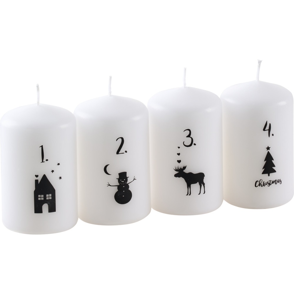 Motiv-Stumpenkerzen 4er-Set 90 x &Oslash; 55 mm wei&szlig;