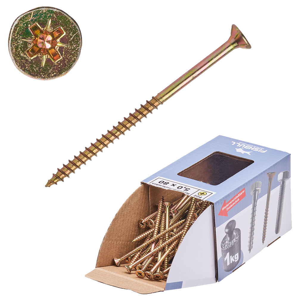 Spanplattenschraube 5,0 x 80 mm PZ 1kg FISHBULL-Pack Senkkopf Teilgewinde Kreuzschlitz